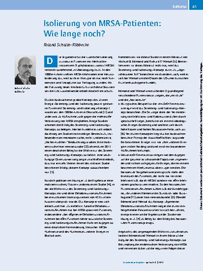 Vorschauseite 1: Isolierung von MRSA-Patienten: Wie lange noch?