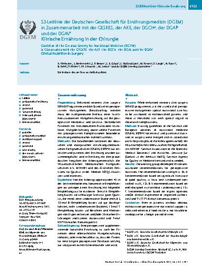 Vorschauseite 1: S3-Leitlinie der Deutschen Gesellschaft für Ernährungsmedizin (DGEM) in Zusammenarbeit mit der GESKES, der AKE, der DGCH, der DGAI und der DGAV
