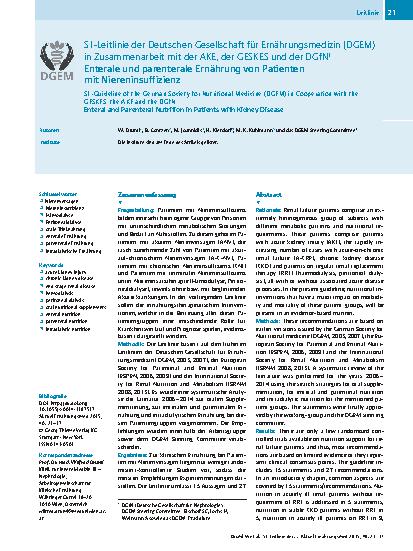 Vorschauseite 1: S1-Leitlinie der Deutschen Gesellschaft für Ernährungsmedizin (DGEM) in Zusammenarbeit mit der AKE, der GESKES und der DGfN