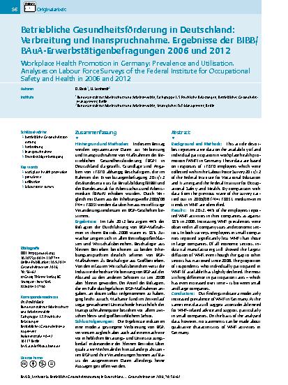 Vorschauseite 1: Betriebliche Gesundheitsförderung in Deutschland: Verbreitung und Inanspruchnahme. Ergebnisse der BIBB/BAuA-Erwerbstätigenbefragungen 2006 und 2012