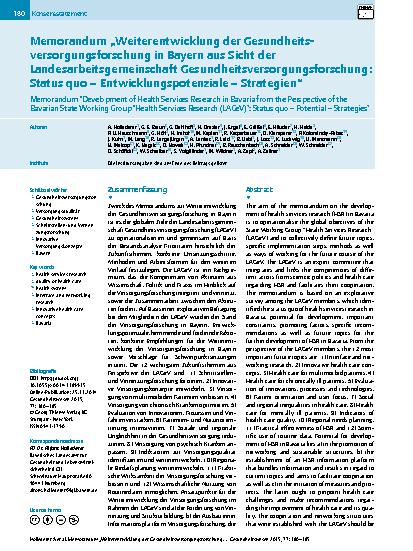 Vorschauseite 1: Memorandum „Weiterentwicklung der Gesundheitsversorgungsforschung in Bayern aus Sicht der Landesarbeitsgemeinschaft Gesundheitsversorgungsforschung: Status quo – Entwicklungspoten…