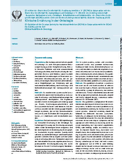 Vorschauseite 1: S3-Leitline der Deutschen Gesellschaft für Ernährungsmedizin e. V. (DGEM) in Kooperation mit der Deutschen Gesellschaft für Hämatologie und Onkologie e. V. (DGHO), der Arbeitsgeme…