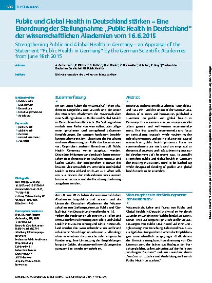 Vorschauseite 1: Public und Global Health in Deutschland stärken – Eine Einordnung der Stellungnahme „Public Health in Deutschland“ der wissenschaftlichen Akademien vom 16.6.2015