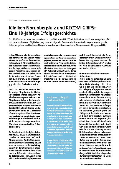 Vorschauseite 1: Digitale Pflegedokumentation: Kliniken Nordoberpfalz und RECOM-GRIPS: Eine 10-jährige Erfolgsgeschichte