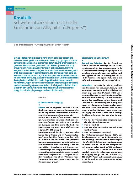 Vorschauseite 1: Kasuistik – Schwere Intoxikation nach oraler Einnahme von Alkylnitrit („Poppers“)