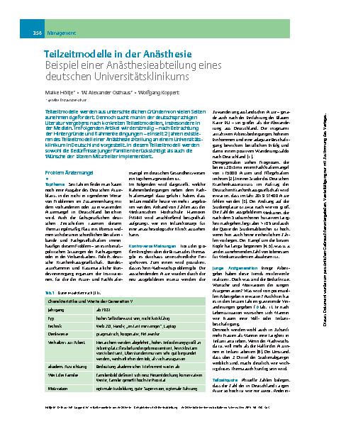 Vorschauseite 1: Teilzeitmodelle in der Anästhesie – Beispiel einer Anästhesieabteilung eines deutschen Universitätsklinikums