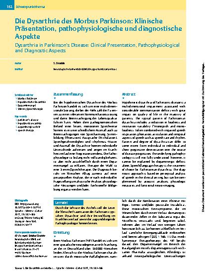 Vorschauseite 1: Die Dysarthrie des Morbus Parkinson: Klinische Präsentation, pathophysiologische und diagnostische Aspekte