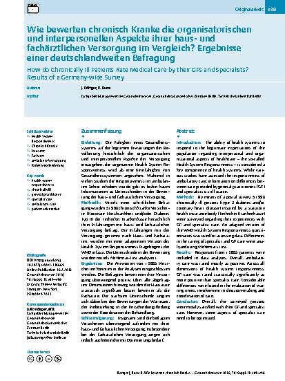 Vorschauseite 1: Wie bewerten chronisch Kranke die organisatorischen und interpersonellen Aspekte ihrer haus- und fachärztlichen Versorgung im Vergleich? Ergebnisse einer deutschlandweiten Befragu…