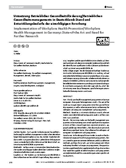 Vorschauseite 1: Umsetzung Betrieblicher Gesundheitsförderung/Betrieblichen Gesundheitsmanagements in Deutschland: Stand und Entwicklungsbedarfe der einschlägigen Forschung