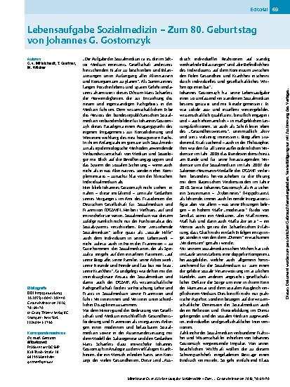 Vorschauseite 1: Lebensaufgabe Sozialmedizin – Zum 80. Geburtstag von Johannes G. Gostomzyk