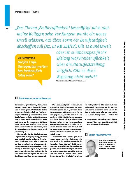 Vorschauseite 1: Die Rechtsfrage: Dürfen Ergotherapeuten weiterhin freiberuflich tätig sein?