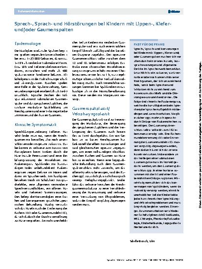Vorschauseite 1: Sprech-, Sprach- und Hörstörungen bei Kindern mit Lippen-, Kiefer- und/oder Gaumenspalten