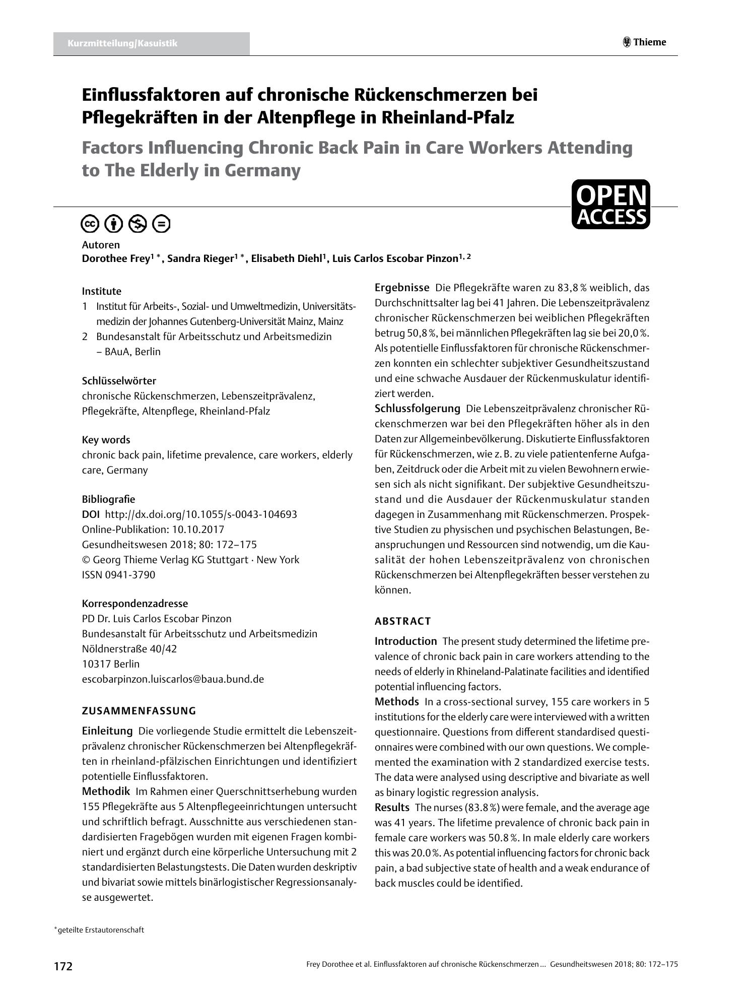 Vorschauseite 1: Einflussfaktoren auf chronische Rückenschmerzen bei Pflegekräften in der Altenpflege in Rheinland-Pfalz