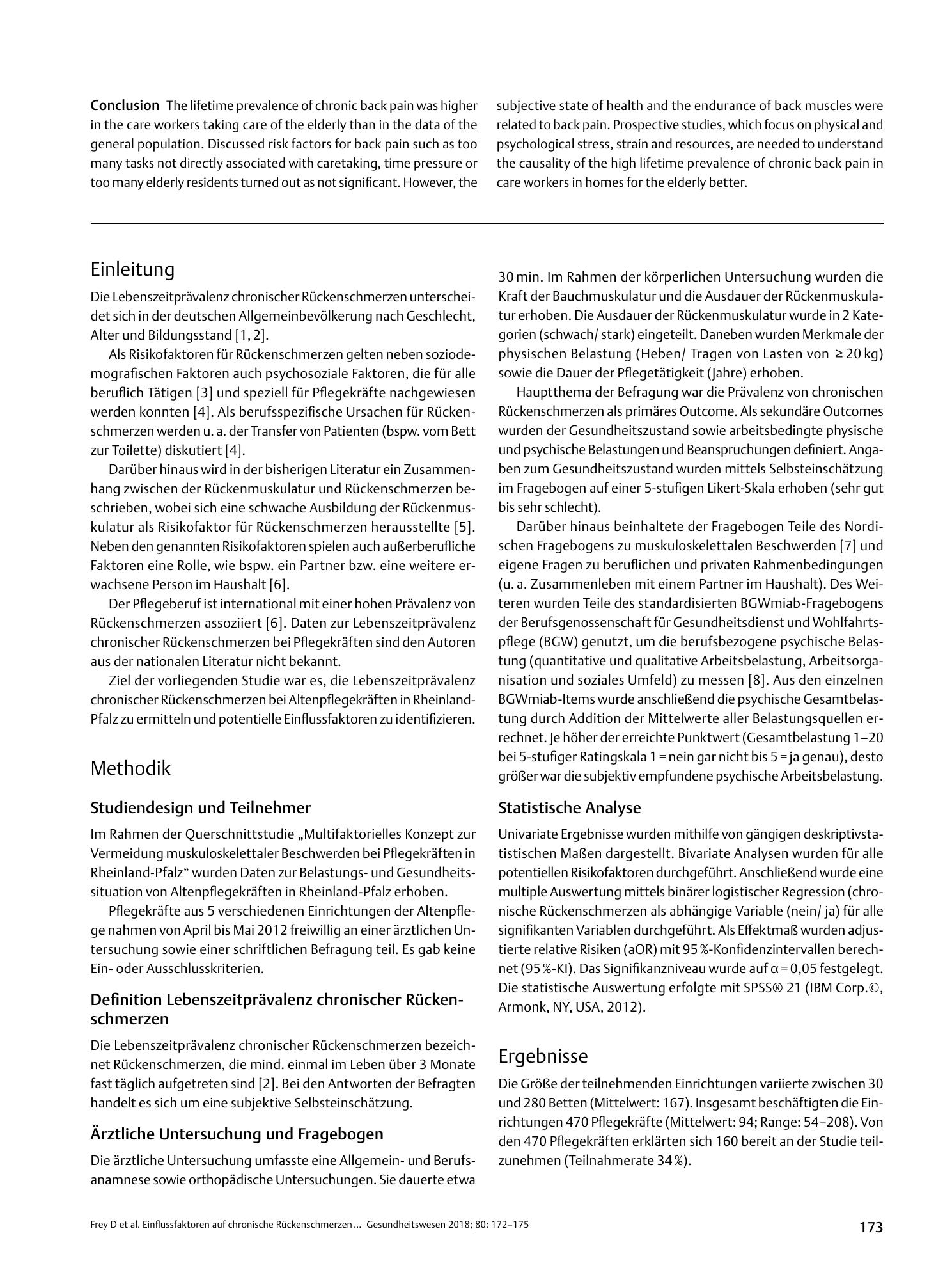 Vorschauseite 2: Einflussfaktoren auf chronische Rückenschmerzen bei Pflegekräften in der Altenpflege in Rheinland-Pfalz