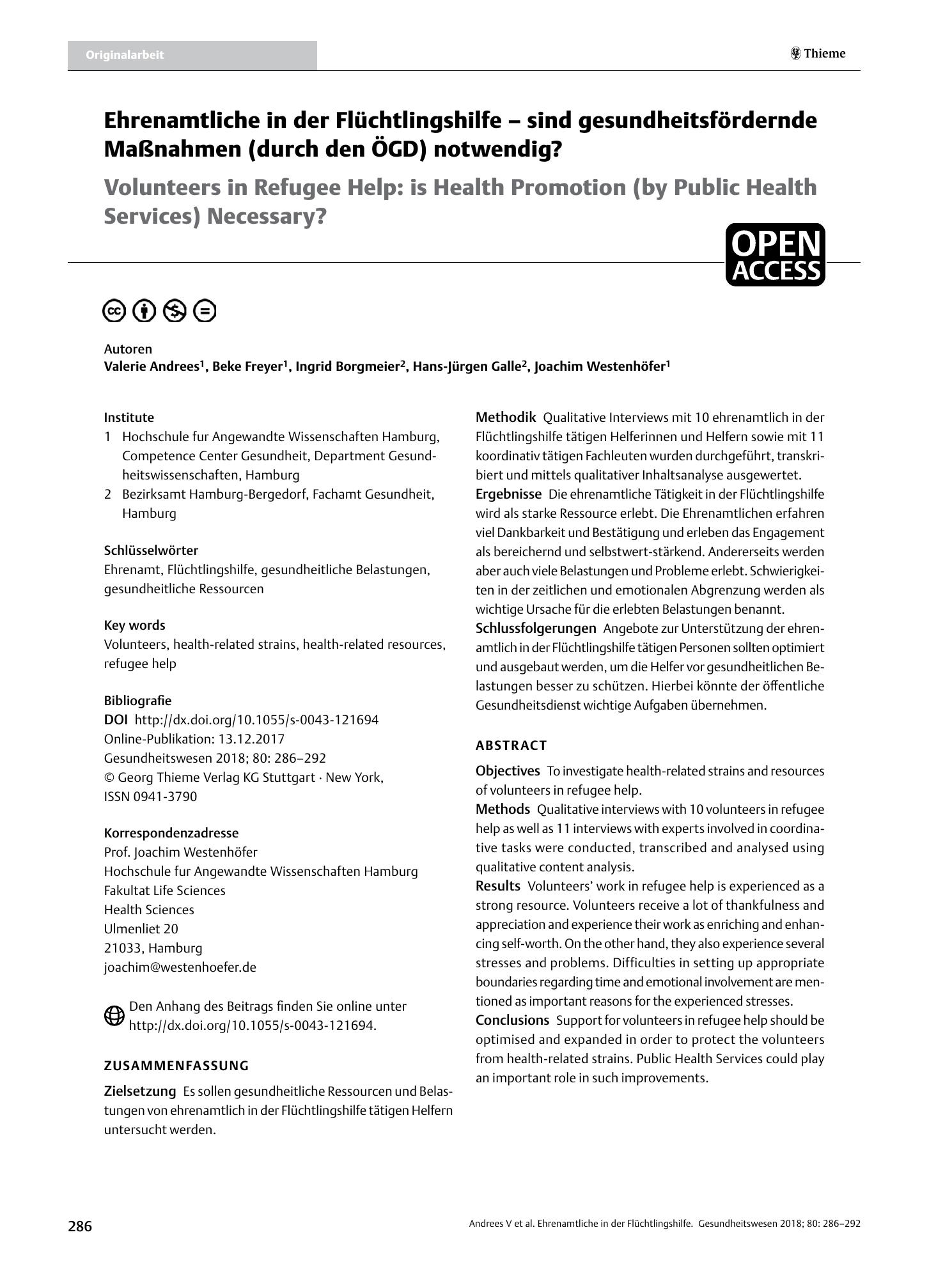 Vorschauseite 1: Ehrenamtliche in der Flüchtlingshilfe – sind gesundheitsfördernde Maßnahmen (durch den ÖGD) notwendig?