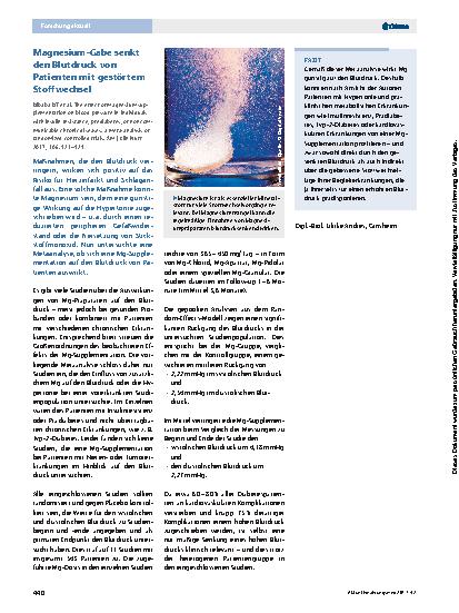 Vorschauseite 1: Magnesium-Gabe senkt den Blutdruck von Patienten mit gestörtem Stoffwechsel