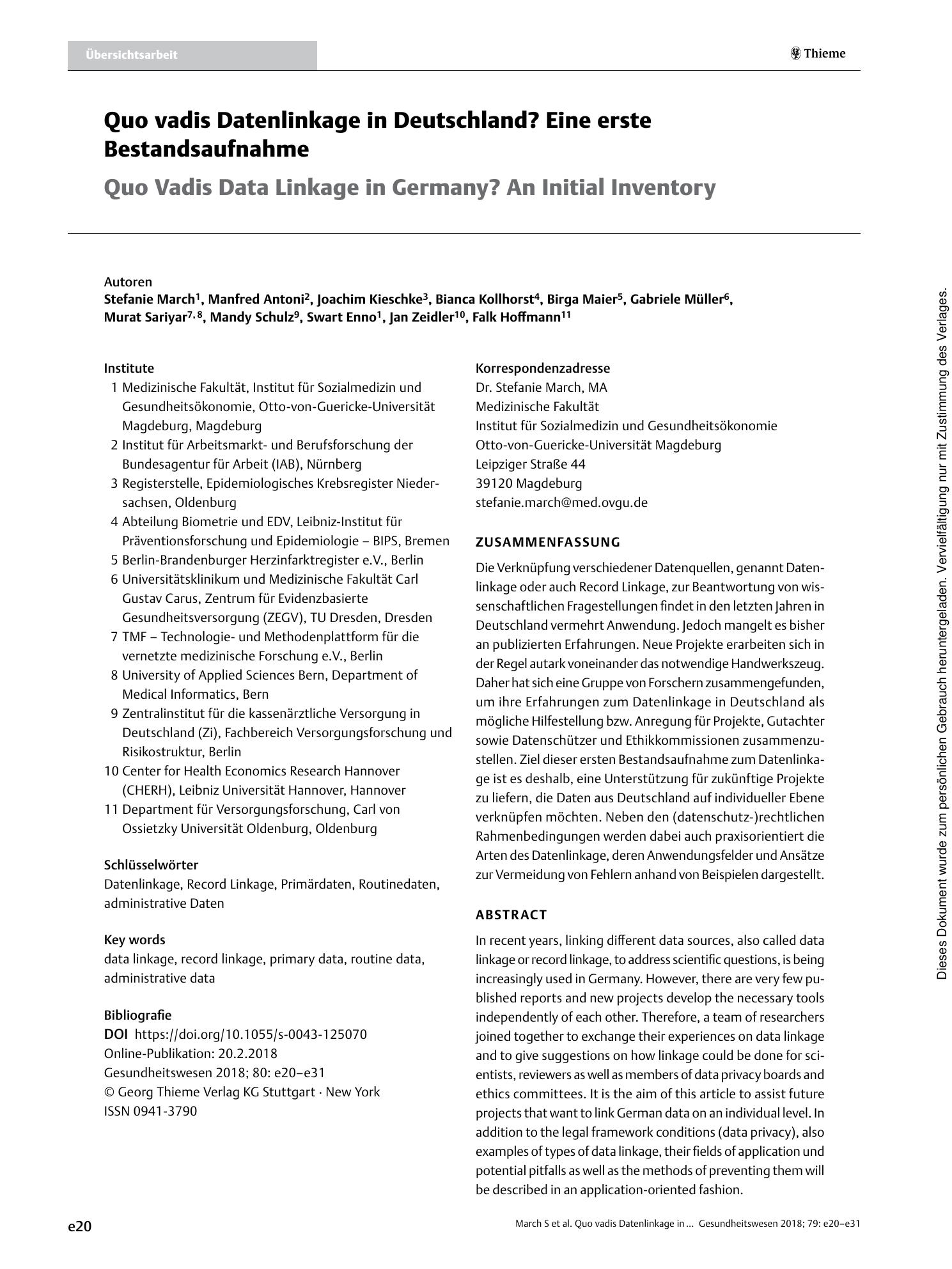 Vorschauseite 1: Quo vadis Datenlinkage in Deutschland? Eine erste Bestandsaufnahme