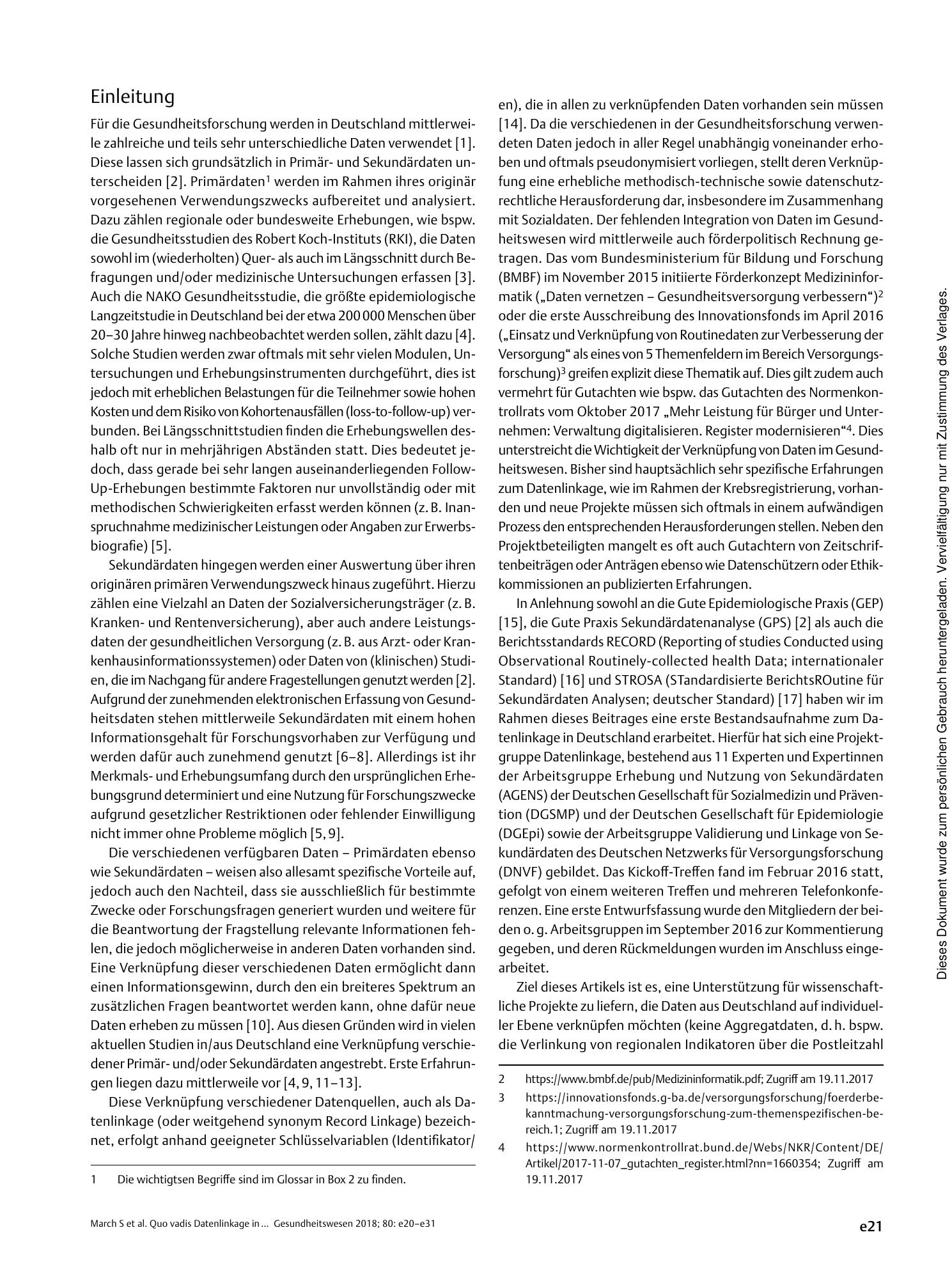 Vorschauseite 2: Quo vadis Datenlinkage in Deutschland? Eine erste Bestandsaufnahme