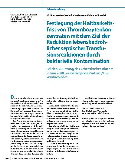 Vorschauseite 1: Festlegung der Haltbarkeitsfrist von Thrombozytenkonzentraten mit dem Ziel der Reduktion lebensbedrohlicher septischer Transfusionsreaktionen durch bakterielle Kontamination