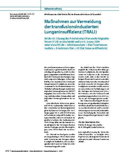 Vorschauseite 1: Maßnahmen zur Vermeidung der transfusionsinduzierten Lungeninsuffizienz (TRALI)