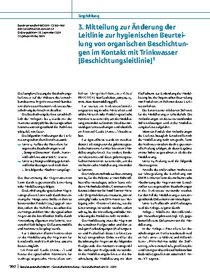 Vorschauseite 1: 3. Mitteilung zur Änderung der Leitlinie zur hygienischen Beurteilung von organischen Beschichtungen im Kontakt mit Trinkwasser [Beschichtungsleitlinie]1