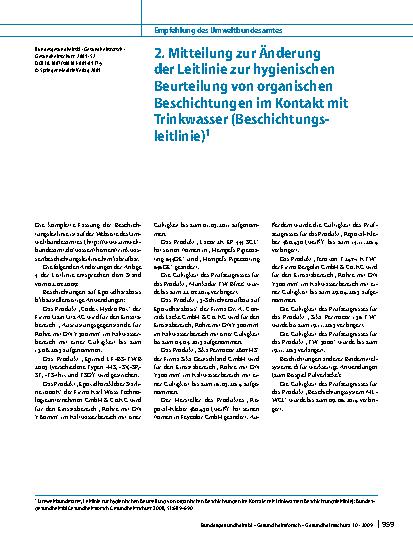 Vorschauseite 1: . Mitteilung zur Änderung der Leitlinie zur hygienischen Beurteilung von organischen Beschichtungen im Kontakt mit Trinkwasser (Beschichtungs-leitlinie)
