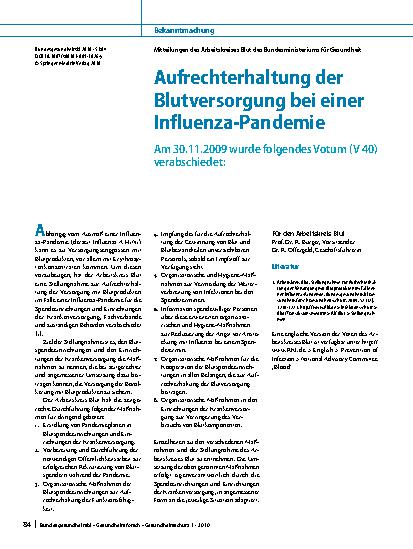 Vorschauseite 1: Aufrechterhaltung der Blutversorgung bei einer Influenza-Pandemie