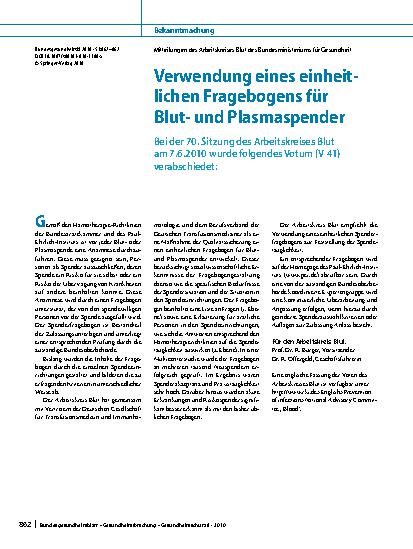 Vorschauseite 1: Verwendung eines einheitlichen Fragebogens für Blutund Plasmaspender