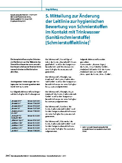 Vorschauseite 1: 5. Mitteilung zur Änderung der Leitlinie zur hygienischen Bewertung von Schmierstoffen im Kontakt mit Trinkwasser (Sanitärschmierstoffe) [Schmierstoffleitlinie]1
