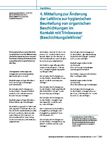Vorschauseite 1: 4. Mitteilung zur Änderung der Leitlinie zur hygienischen Beurteilung von organischen Beschichtungen im Kontakt mit Trinkwasser (Beschichtungsleitlinie)1