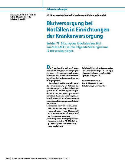 Vorschauseite 1: Blutversorgung bei Notfällen in Einrichtungen der Krankenversorgung