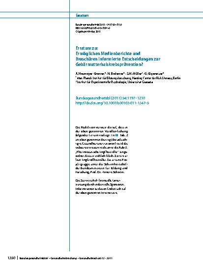 Vorschauseite 1: Erratum zu: Ermöglichen Medienberichte und Broschüren informierte Entscheidungen zur Gebärmutterhalskrebsprävention?