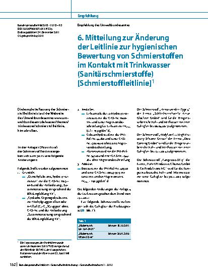 Vorschauseite 1: 6. Mitteilung zur Änderung der Leitlinie zur hygienischen Bewertung von Schmierstoffen im Kontakt mit Trinkwasser (Sanitärschmierstoffe) [Schmierstoffleitlinie]1