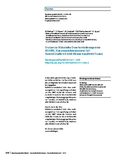 Vorschauseite 1: Erratum zu: Risikoindex Erwerbsminderungsrente (RI-EMR). Eine prozessdatenbasierte Fall-Kontroll-Studie mit 8500 Männern und 8405 Frauen