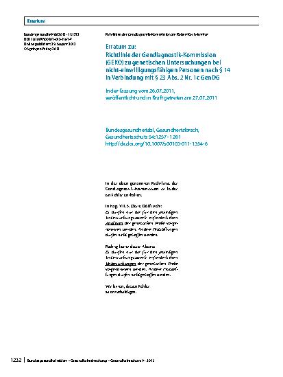 Vorschauseite 1: Erratum zu: Richtlinie der Gendiagnostik-Kommission (GEKO) zu genetischen Untersuchungen bei nicht-einwilligungsfähigen Personen nach § 14 in Verbindung mit § 23 Abs. 2 Nr. 1c Gen…