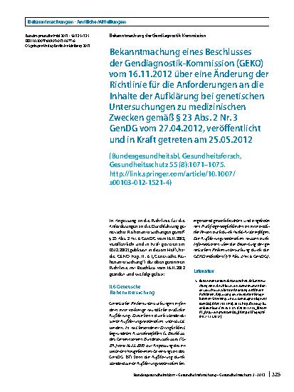 Vorschauseite 1: Bekanntmachung eines Beschlusses der Gendiagnostik-Kommission (GEKO) vom 16.11.2012 über eine Änderung der Richtlinie für die Anforderungen an die Inhalte der Aufklärung bei genet…
