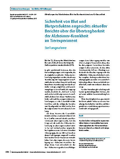 Vorschauseite 1: Sicherheit von Blut und Blutprodukten angesichts aktueller Berichte über die Übertragbarkeit der Alzheimer-Krankheit im Tierexperiment