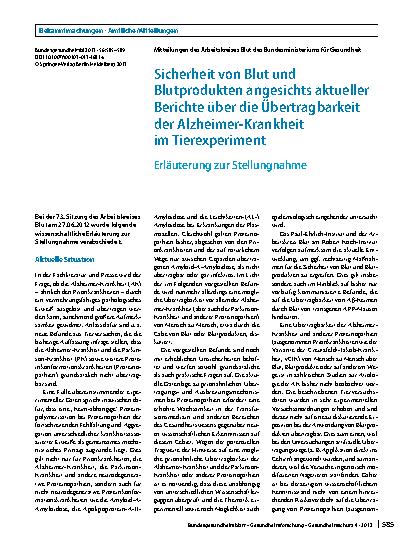 Vorschauseite 1: Sicherheit von Blut und Blutprodukten angesichts aktueller Berichte über die Übertragbarkeit der Alzheimer-Krankheit im Tierexperiment. Erläuterung zur Stellungnahme