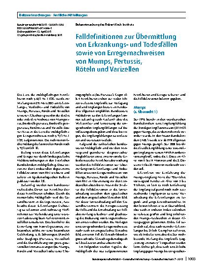 Vorschauseite 1: Falldefinitionen zur Übermittlung von Erkrankungsund Todesfällen sowie von Erregernachweisen von Mumps, Pertussis, Röteln und Varizellen