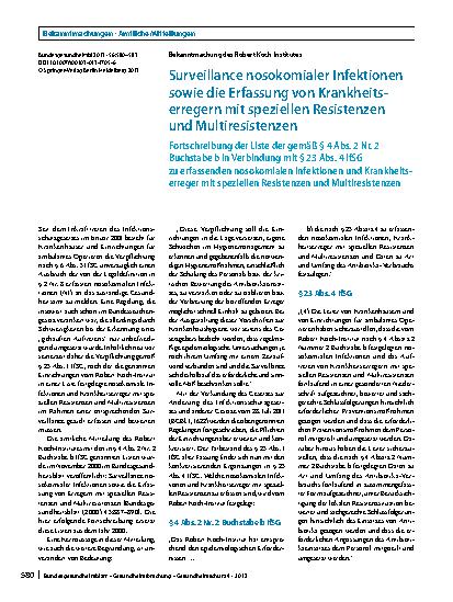 Vorschauseite 1: Surveillance nosokomialer Infektionen sowie die Erfassung von Krankheits-erregern mit speziellen Resistenzen und Multiresistenzen