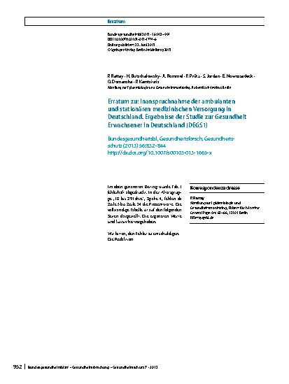 Vorschauseite 1: Erratum zu: Inanspruchnahme der ambulanten und stationären medizinischen Versorgung in Deutschland. Ergebnisse der Studie zur Gesundheit Erwachsener in Deutschland (DEGS1)