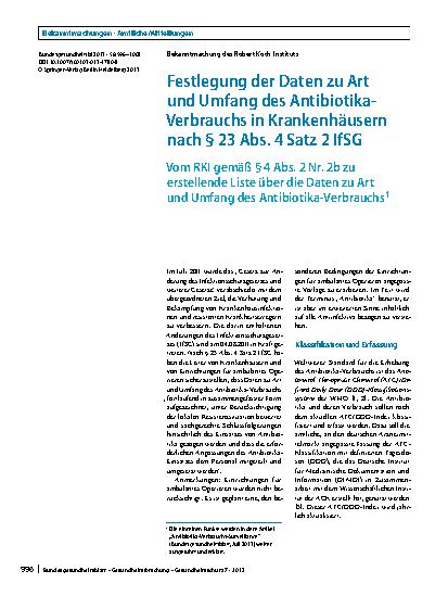 Vorschauseite 1: Festlegung der Daten zu Art und Umfang des Antibiotika-Verbrauchs in Krankenhäusern nach 23 Abs. 4 Satz 2 IfSG