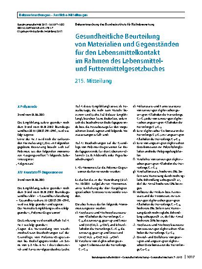 Vorschauseite 1: Gesundheitliche Beurteilung von Materialien und Gegenständen für den Lebensmittelkontakt im Rahmen des Lebensmittelund Futtermittelgesetzbuches