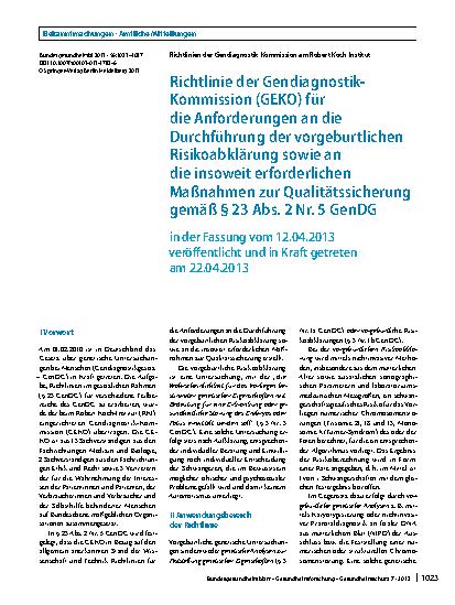Vorschauseite 1: Richtlinie der Gendiagnostik-Kommission (GEKO) für die Anforderungen an die Durchführung der vorgeburtlichen Risikoabklärung sowie an die insoweit erforderlichen Maßnahmen zur Qua…