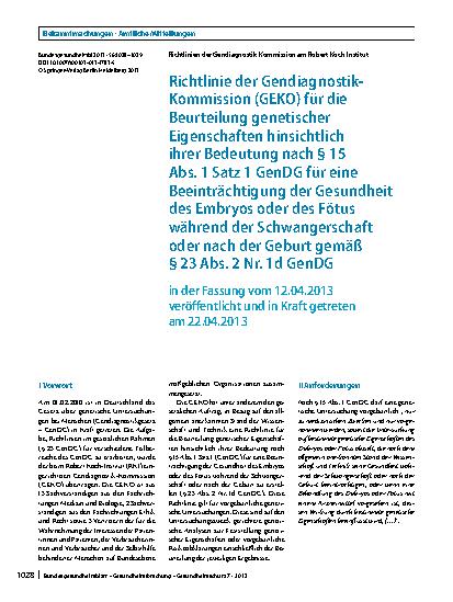 Vorschauseite 1: Richtlinie der Gendiagnostik-Kommission (GEKO) für die Beurteilung genetischer Eigenschaften hinsichtlich ihrer Bedeutung nach 15 Abs. 1 Satz 1 GenDG für eine Beeinträchtigung der…
