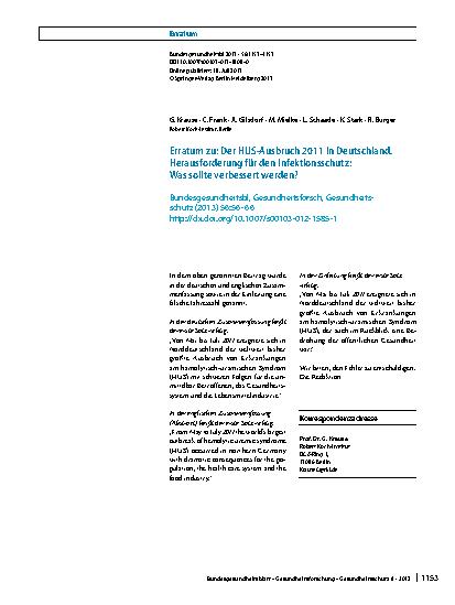 Vorschauseite 1: Erratum zu: Der HUS-Ausbruch 2011 in Deutschland. Herausforderung für den Infektionsschutz: Was sollte verbessert werden?