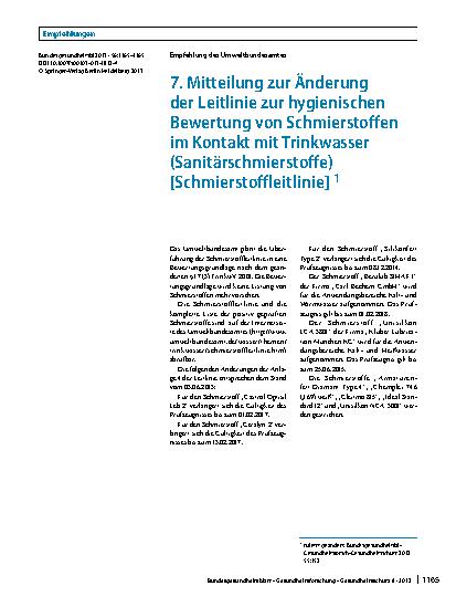 Vorschauseite 1: 7. Mitteilung zur Änderung der Leitlinie zur hygienischen Bewertung von Schmierstoffen im Kontakt mit Trinkwasser (Sanitärschmierstoffe) [Schmierstoffleitlinie]