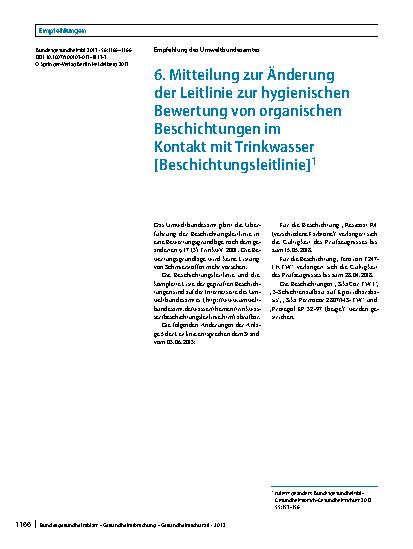 Vorschauseite 1: 6. Mitteilung zur Änderung der Leitlinie zur hygienischen Bewertung von organischen Beschichtungen im Kontakt mit Trinkwasser [Beschichtungsleitlinie]