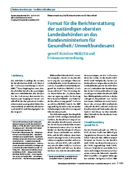 Vorschauseite 1: Format für die Berichterstattung der zuständigen obersten Landesbehörden an das Bundesministerium für Gesundheit / Umweltbundesamt