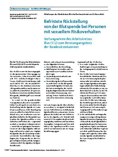 Vorschauseite 1: Befristete Rückstellung von der Blutspende bei Personen mit sexuellem Risikoverhalten